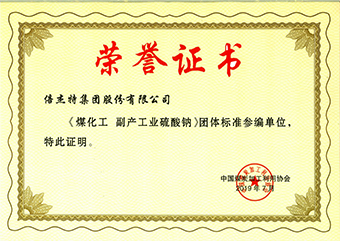 尊龙时凯集团股份有限公司煤化工副产工业硫酸 钠荣誉证书